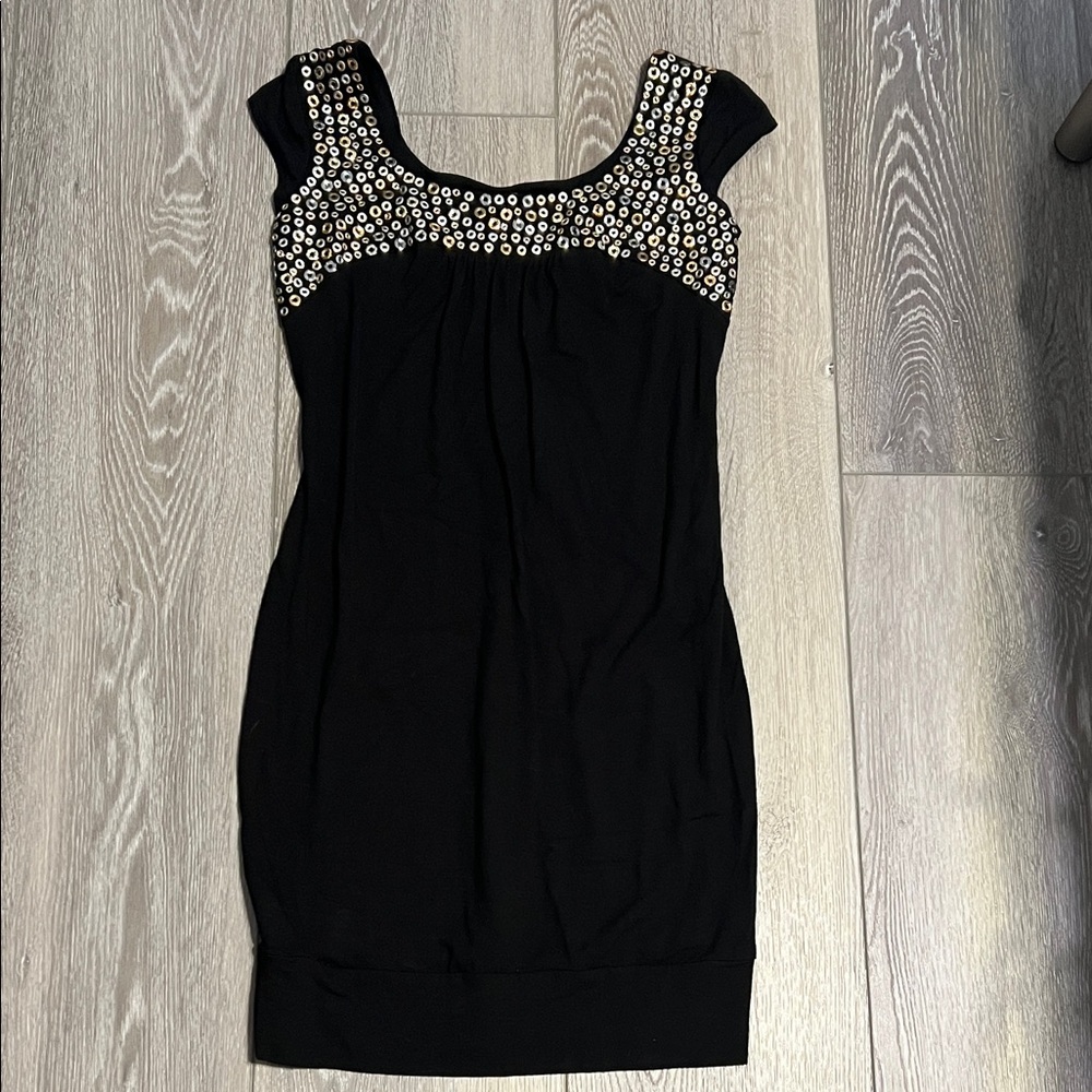 Cache Black Dress with Gold & Silver Embellishments